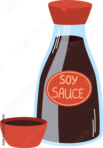 Soy sauce bottle, traditional Asian Japan condiment. Liquid ingredient in glass container. Japanese and Chinese cuisine flavor for garnish. Flat vector illustration isolated on white background.