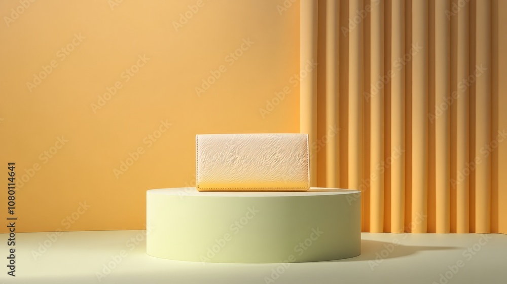 A pastel yellow pedestal displaying a designer wallet A pastel yellow pedestal displaying a designer wallet
