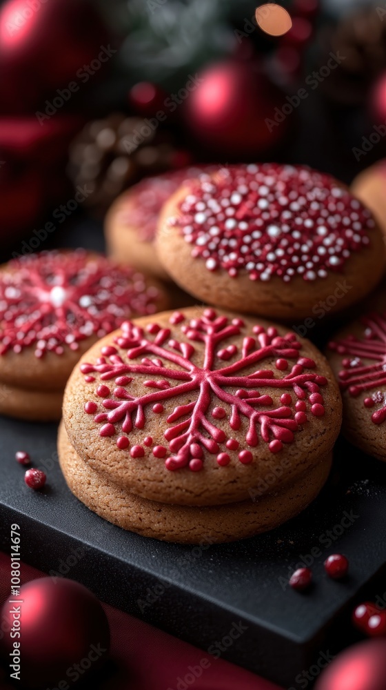 Festively decorated cookies with red and white icing on a dark surface. Festively decorated cookies with red and white icing on a dark surface.