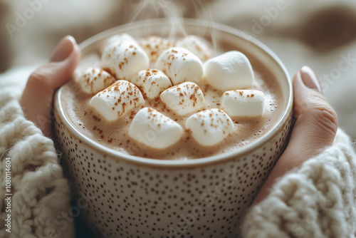 A steaming mug of hot chocolate topped with fluffy marshmallows and a sprinkle of cinnamon is the perfect cozy winter treat. photo