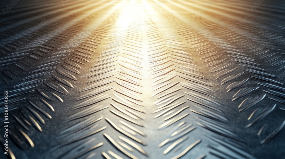 Obraz premium Expansive metal floor in factory, worn with scuff marks, diamond tread patterns, illuminated by soft overhead lighting, high texture detail, landscape framing