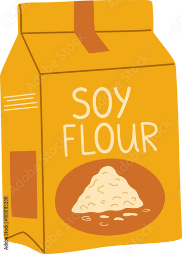 Soy flour. Vegan produce, vegetarian food ingredients.  Healthy protein food from soybeans. Flat vector illustration isolated on white background