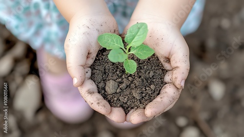 Child hands holding small plant and soil. photo