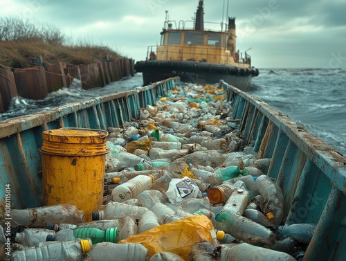 Ocean cleanup, Plastic waste, Environmental crisis. This image is ideal for environmental campaigns, designers, and conservationists focusing on pollution awareness, ocean preservation photo