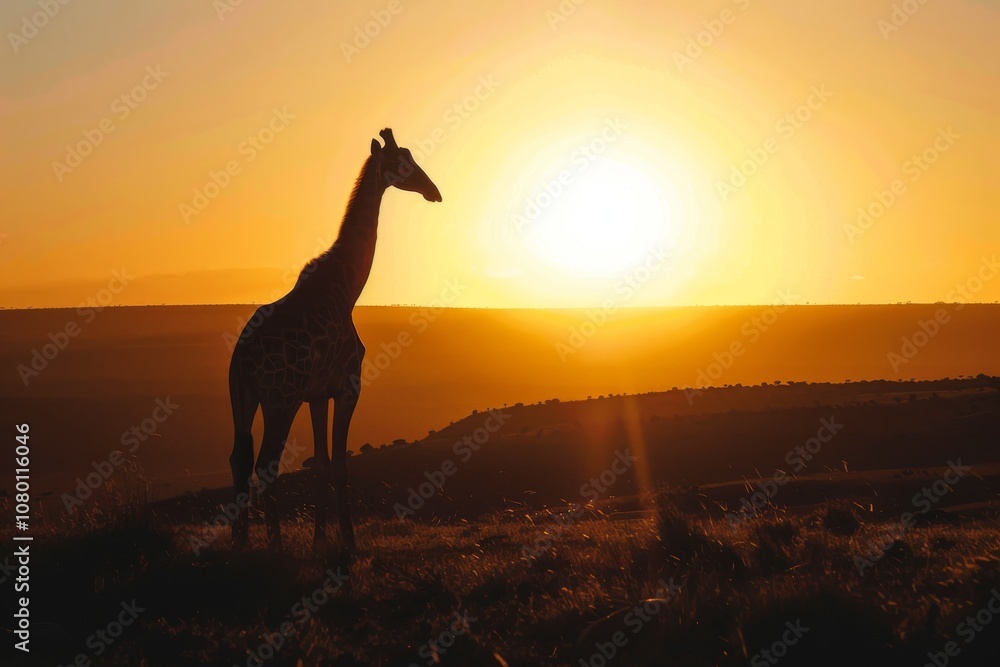 Silhouette of Giraffe Against Serene Sunset Landscape Silhouette of Giraffe Against Serene Sunset Landscape