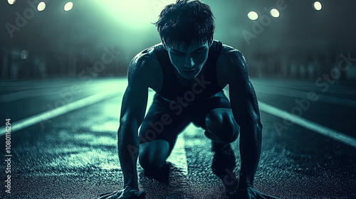 A young man in a crouching start position at the starting line, viewed from behind, short black hair, wearing athletic gear, monochrome color scheme with unified tones, dynamic and intense atmosphere 