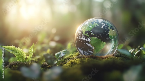 Glass globe resting on moss in a forest setting. photo