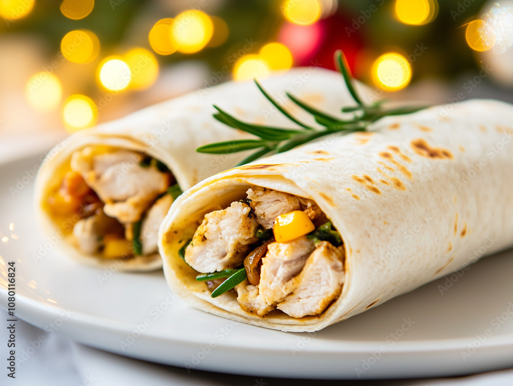 Festive Holiday Chicken Burrito with Fresh Herbs and Grilled Vegetables - Christmas Season Special on Elegant Table Setting Festive Holiday Chicken Burrito with Fresh Herbs and Grilled Vegetables - Christmas Season Special on Elegant Table Setting