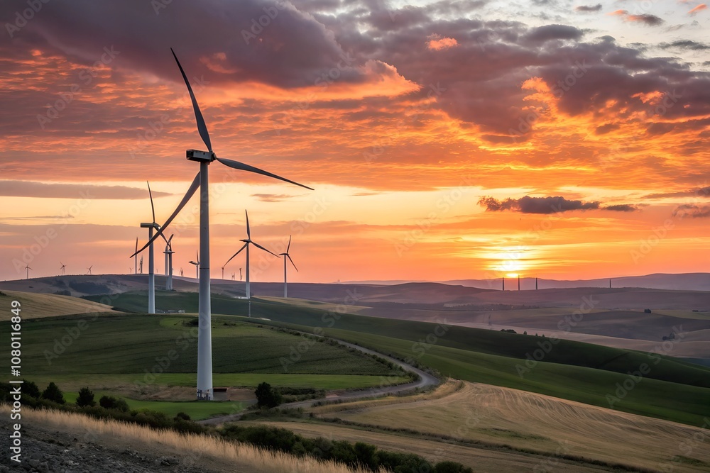 Obraz premium Wind turbines silhouetted against a vibrant sunset over rolling fields in rural landscape