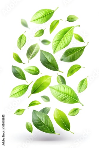 Green flying leaves isolated on a white background with space for text. Concept design for fresh tea, air purifier, organic, vegan, eco, or beauty products.