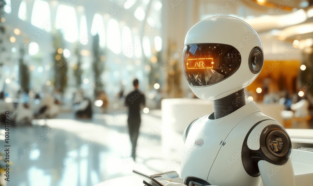Fototapeta premium AI robot interacting with humans in a modern workspace, seamless collaboration, 3D illustration