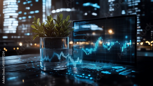 Plant beside a glowing financial chart display. photo