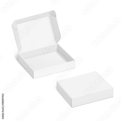 Realistic four flap open and closed white mailing box mockup. Half side view. Ready for presentation your product. Vector illustration isolated on white background. EPS10.