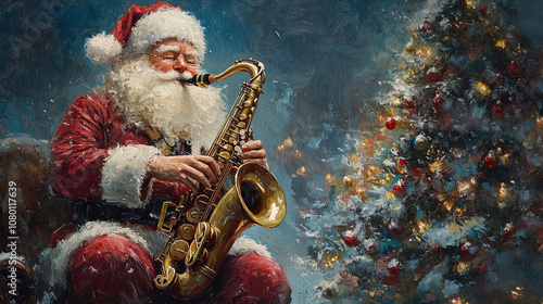 A painting of Santa Claus playing the saxophone, with a Christmas tree in the background