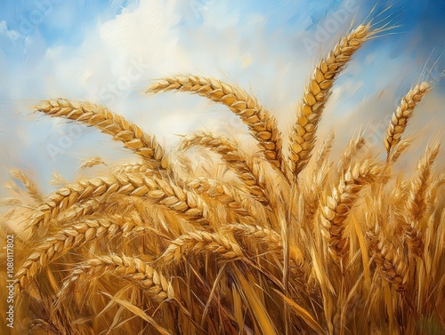 Golden wheat fields under a blue sky, showcasing nature's beauty and the harvest season. photo