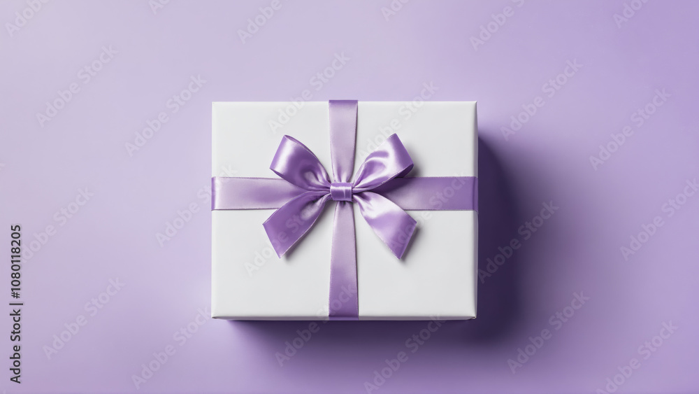 Overhead view of a wrapped present with lavender ribbon Overhead view of a wrapped present with lavender ribbon