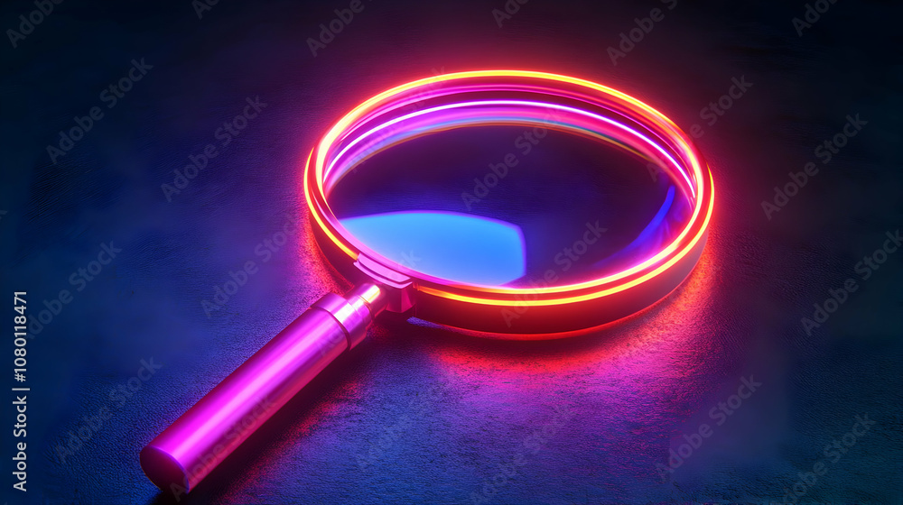 Neon Glow Magnifying Glass 3D Illustration Neon Glow Magnifying Glass 3D Illustration