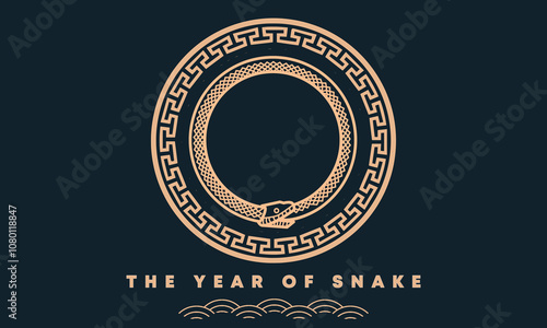 Greeting the Year of Snake, ornament for Imlek or Lunar New Year Celebration background banner concept with Ouroboros symbol which represents the harmony of contrary forces