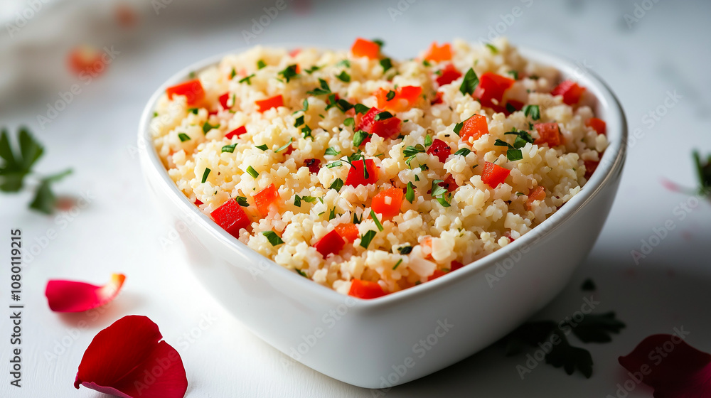 Heart-Healthy Valentine’s Day Cauliflower Rice Bowl Garnished with Red Bell Peppers and Rose Petals on White Background Heart-Healthy Valentine’s Day Cauliflower Rice Bowl Garnished with Red Bell Peppers and Rose Petals on White Background