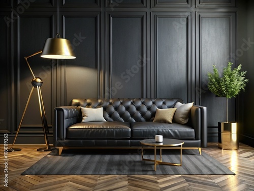 Modern Black Living Room with Gold Accent Lamp photo