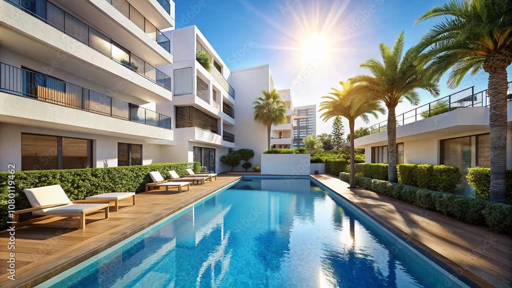 Fototapeta premium Modern Spanish city escapes with a refreshing urban oasis: a sparkling pool.