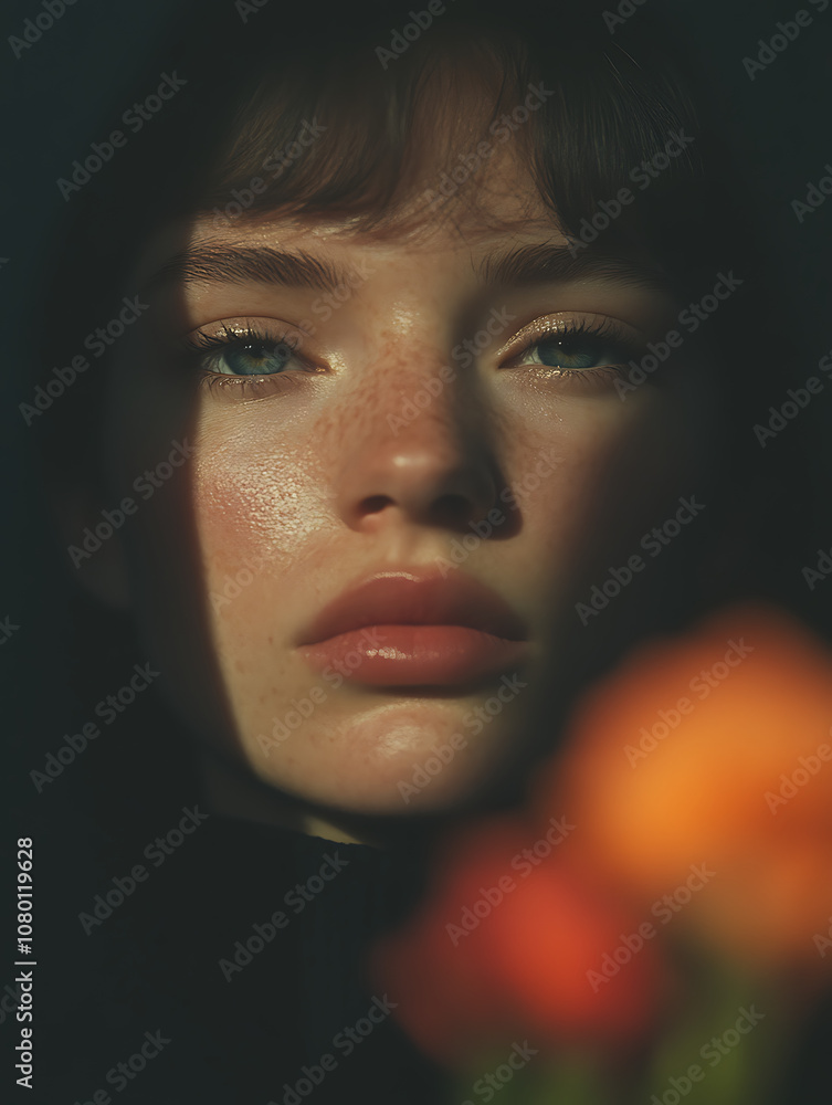 A macro photo of a model woman in a high-fashion look, adorned with flowers, featuring motion blur and a light, airy feel with natural lighting and a blurred background. A macro photo of a model woman in a high-fashion look, adorned with flowers, featuring motion blur and a light, airy feel with natural lighting and a blurred background.