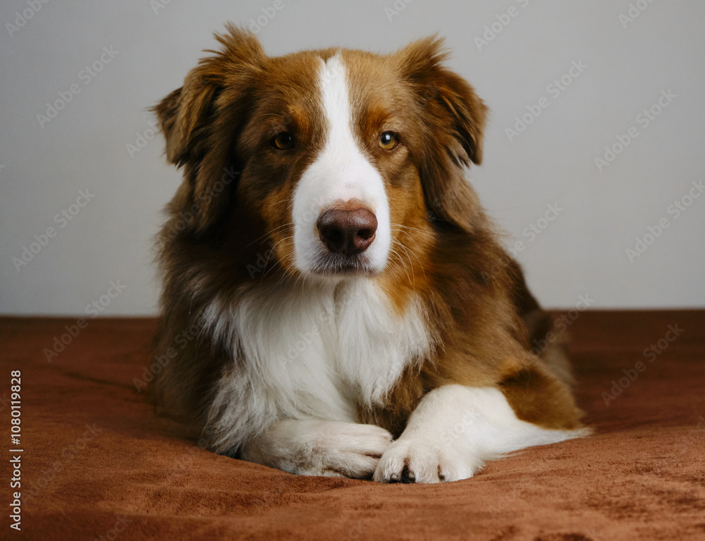 Red tricolor Australian Shepherd is lying at home on a brown blanket on the couch and resting. Charming cute Domestic dog. Pets indoors concept. Red tricolor Australian Shepherd is lying at home on a brown blanket on the couch and resting. Charming cute Domestic dog. Pets indoors concept.