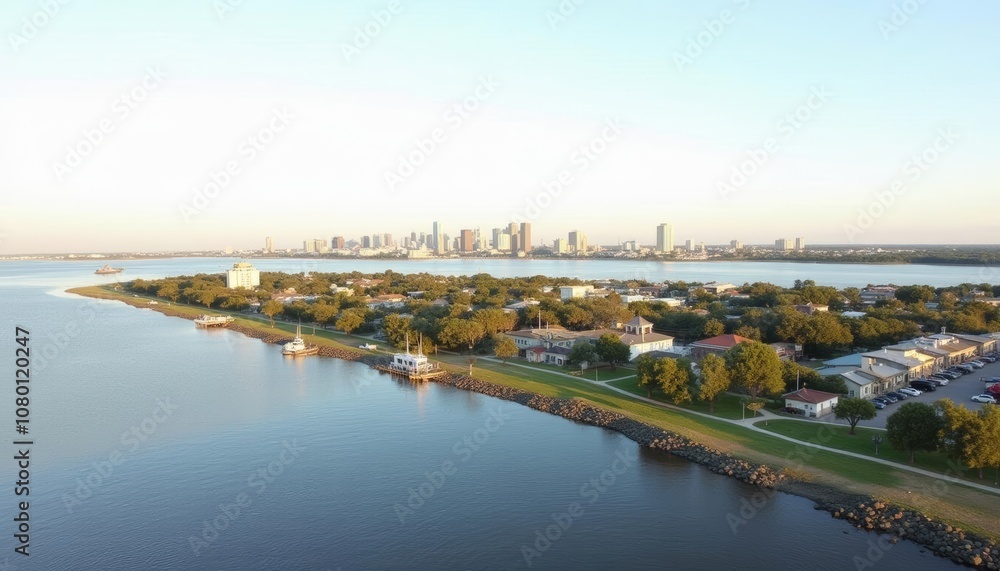 Fototapeta premium Tranquil waterside town at sunset