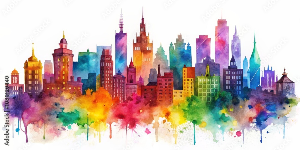 Obraz premium Watercolor Skyline of a City with Rainbow Dripping Splashes