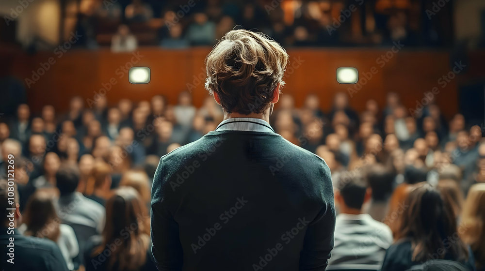 Man Speaking to Large Audience in Auditorium - Photo Man Speaking to Large Audience in Auditorium - Photo