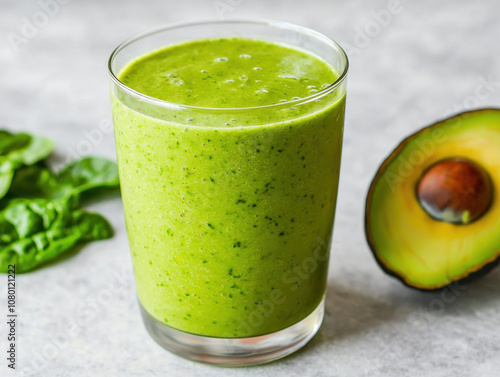 Freshly blended smoothie with avocado, spinach, and protein for nutritious boost. This vibrant green drink is perfect for healthy lifestyle and packed with vitamins