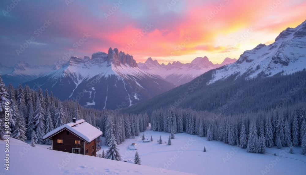 Snowy mountain retreat at sunset Snowy mountain retreat at sunset