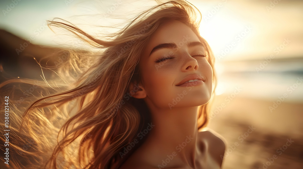 Woman with Long Blonde Hair in the Wind on the Beach Woman with Long Blonde Hair in the Wind on the Beach