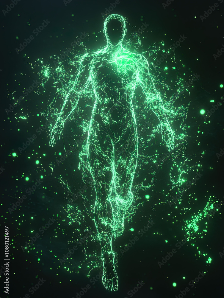 Mystical Figure in Lotus Pose, Surrounded by Green & Blue Aura, Head Radiating Light, Against Dark Backdrop, Embodying Surrealism Mystical Figure in Lotus Pose, Surrounded by Green & Blue Aura, Head Radiating Light, Against Dark Backdrop, Embodying Surrealism