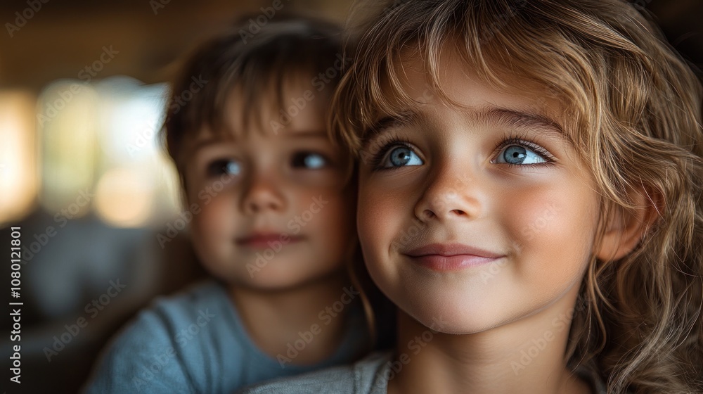 Two children smiling, showcasing joy and innocence in a cozy setting. Two children smiling, showcasing joy and innocence in a cozy setting.