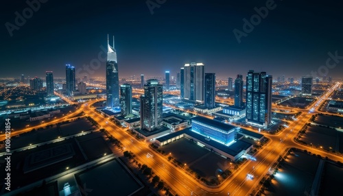  Bright cityscape at night illuminated by lights and neon