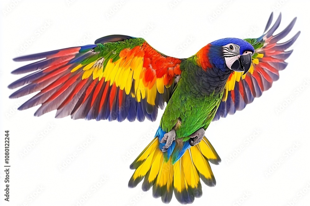 Fototapeta premium Colorful Parrot in Flight with Spread Wings Isolated on White Background