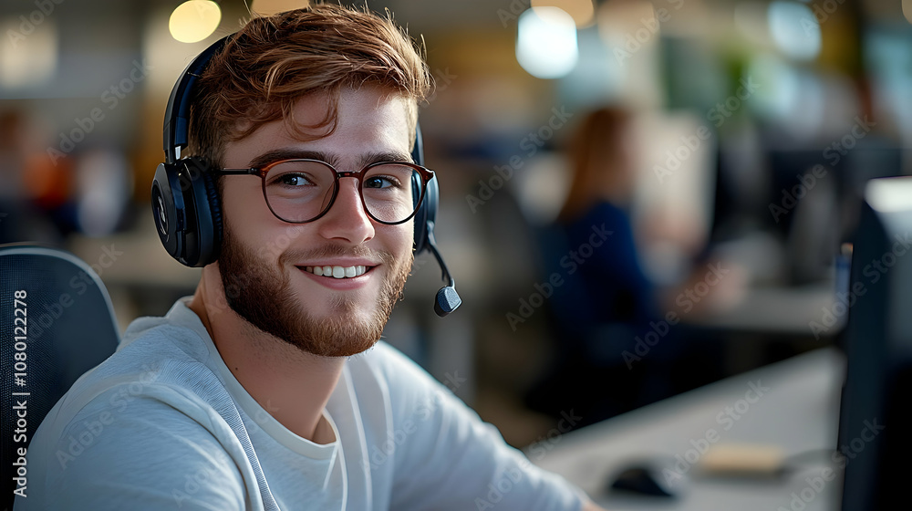 Smiling Man Wearing Headphones and Glasses in an Office - Photo Smiling Man Wearing Headphones and Glasses in an Office - Photo