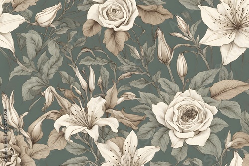 Wallpaper Mural Vintage botanical floral pattern with hand sketched roses lilies and foliage in muted green, Ai Generated Torontodigital.ca