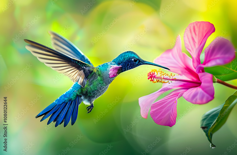Obraz premium A vibrant hummingbird colibri near a flower in a tropical rainforest, capturing the beauty of nature and wildlife in action.