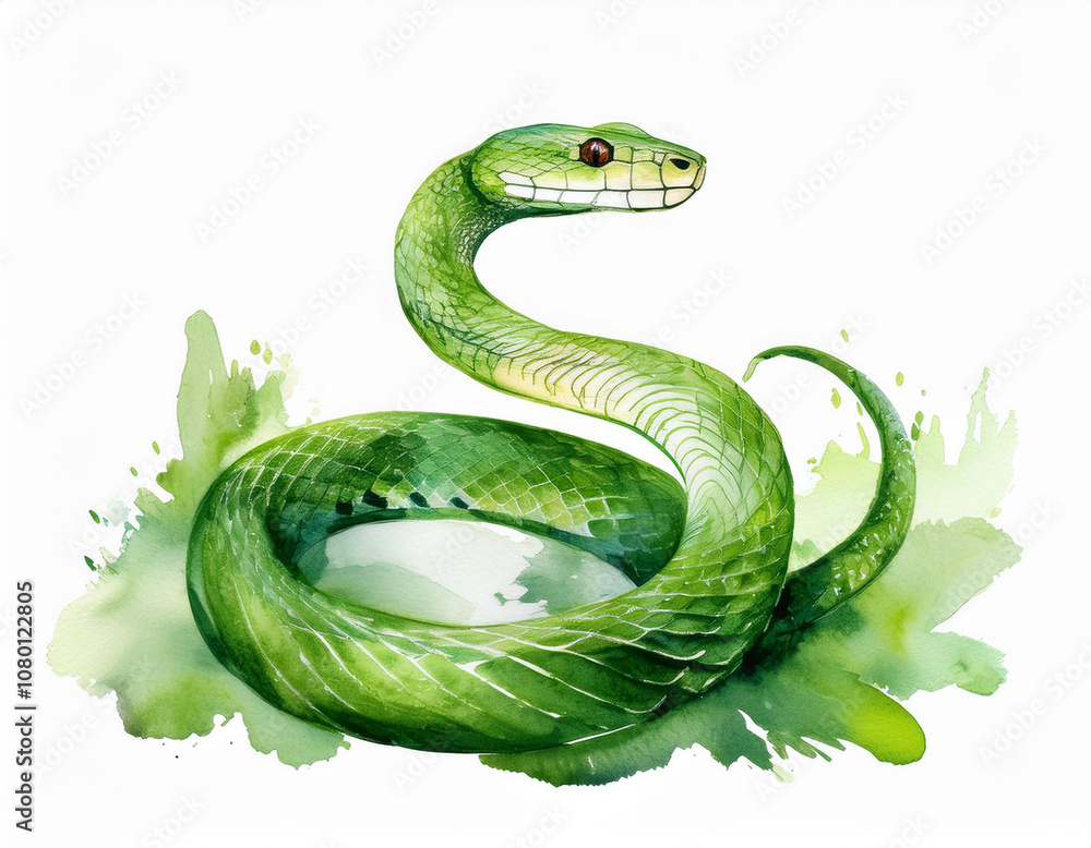 Fototapeta premium Watercolor green snake illustration on a white background