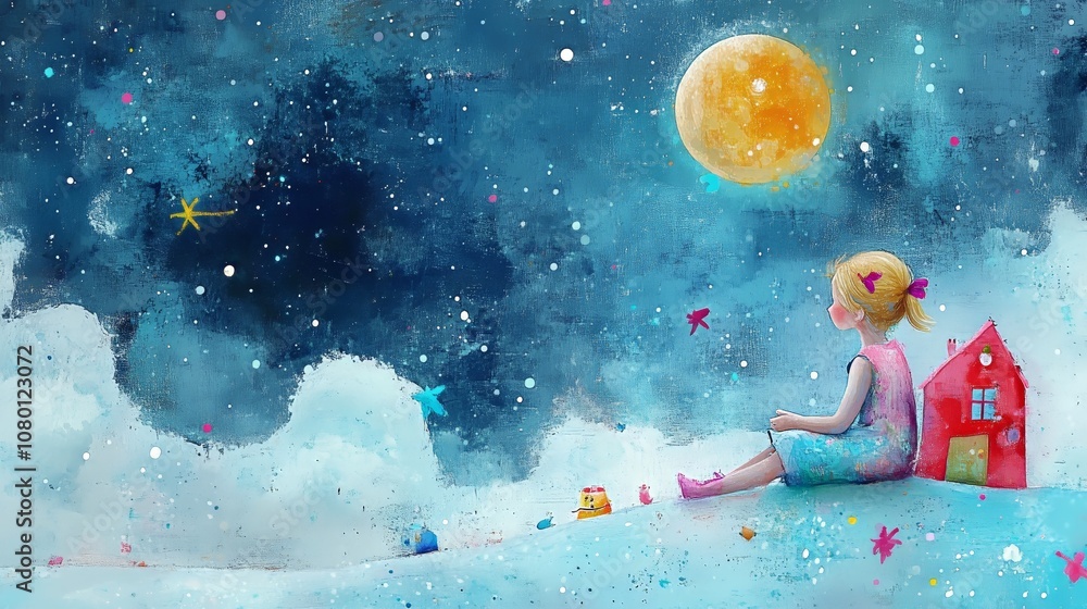 Dreamy night: child imagines a starry sky with moonlit wonders Dreamy night: child imagines a starry sky with moonlit wonders