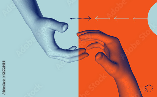 Hands reaching towards each other. Concept of human relation, togetherness or  partnership. 3D vector illustration. Can be used for advertising, marketing or presentation.