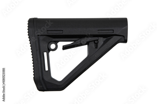 Black adjustable rifle stock, commonly used in firearms for stability and comfort, featuring a textured buttplate and a lever for length adjustment. Isolate on white back photo