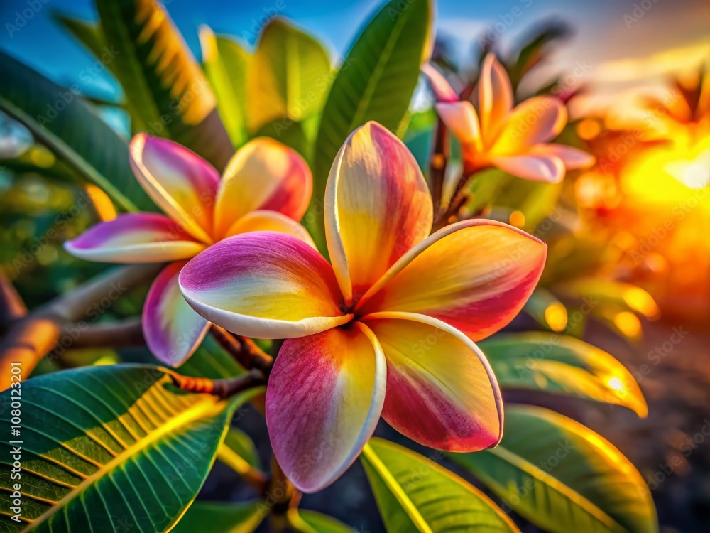 Obraz premium Soft afternoon light bathes a frangipani bloom.