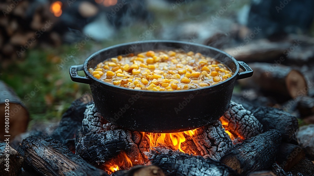 Cast Iron Pot Cooking Over Campfire Flames Cast Iron Pot Cooking Over Campfire Flames