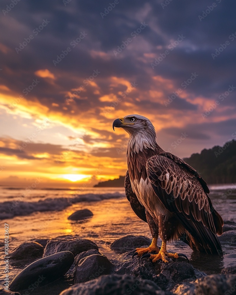 Fototapeta premium indonesia landscape, theme,sunrise, eagle, photorealism, peaceful, elegant, long-exposure clouds, visual shock, rich details, generative ai