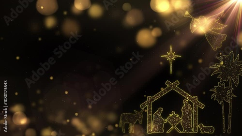 Bright Christmas scene animation with light particles and nativity characters, manger, star and trees. Seamless Loop of Nativity Christmas story with angel singing. 4k