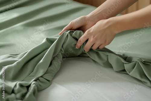 Woman putting green fitted sheet over mattress on the bed