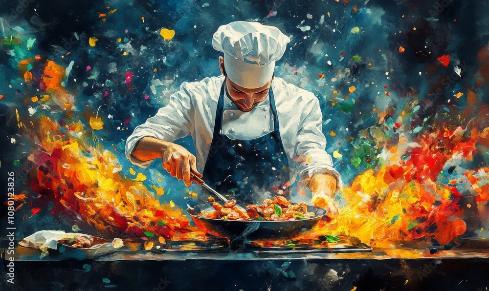 Watercolor chef in a kitchen, flipping food in a pan, energetic and detailed, 3D illustration Watercolor chef in a kitchen, flipping food in a pan, energetic and detailed, 3D illustration